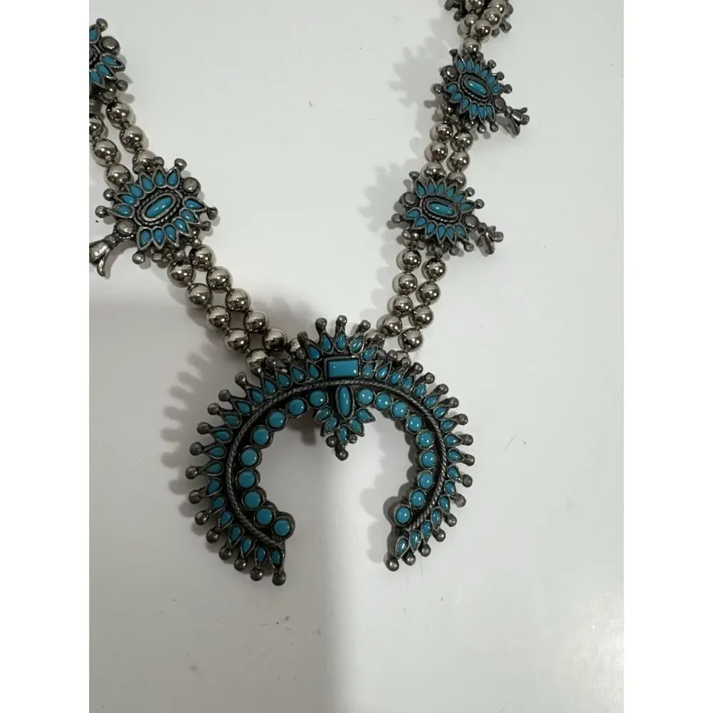 Vintage‎ Native American Squash Blossom Necklace Needlepoint Turquoise Gorgeous!